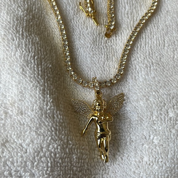 Icy hip hop gold Angel diamonds pendant with tennis necklace